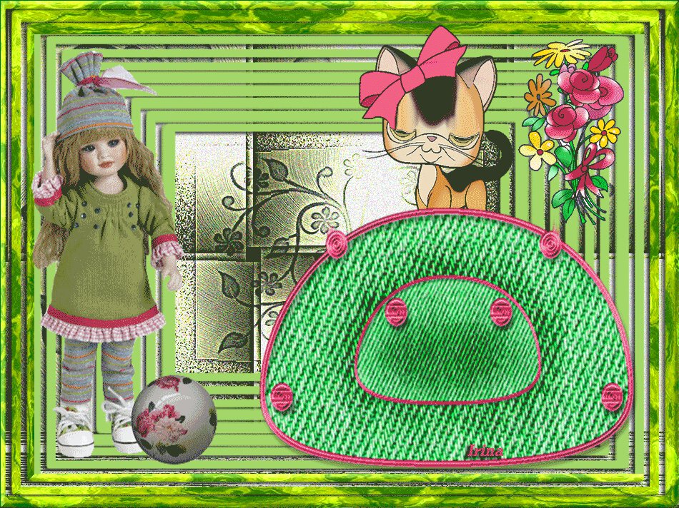 Открытка с куколкой и котенком в зеленой рамке