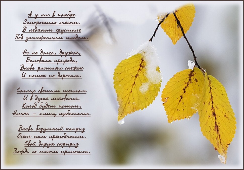 Открытка про Ноябрь с осенними листьями и стихами